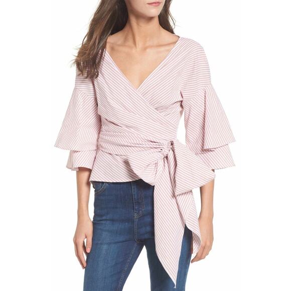 WAYF Pink/White Beckett Tiered Bell Sleeve Cropped Wrap Top Womens Small V-Neck - Picture 1 of 6